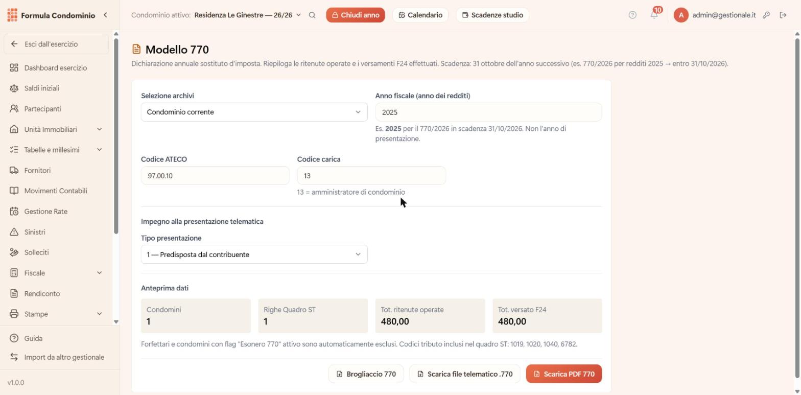 Il Modello 770 del condominio: anno dei redditi, codice ATECO e codice carica, impegno alla presentazione telematica, il riepilogo delle ritenute operate e del versato F24, e i tasti per scaricare il file telematico