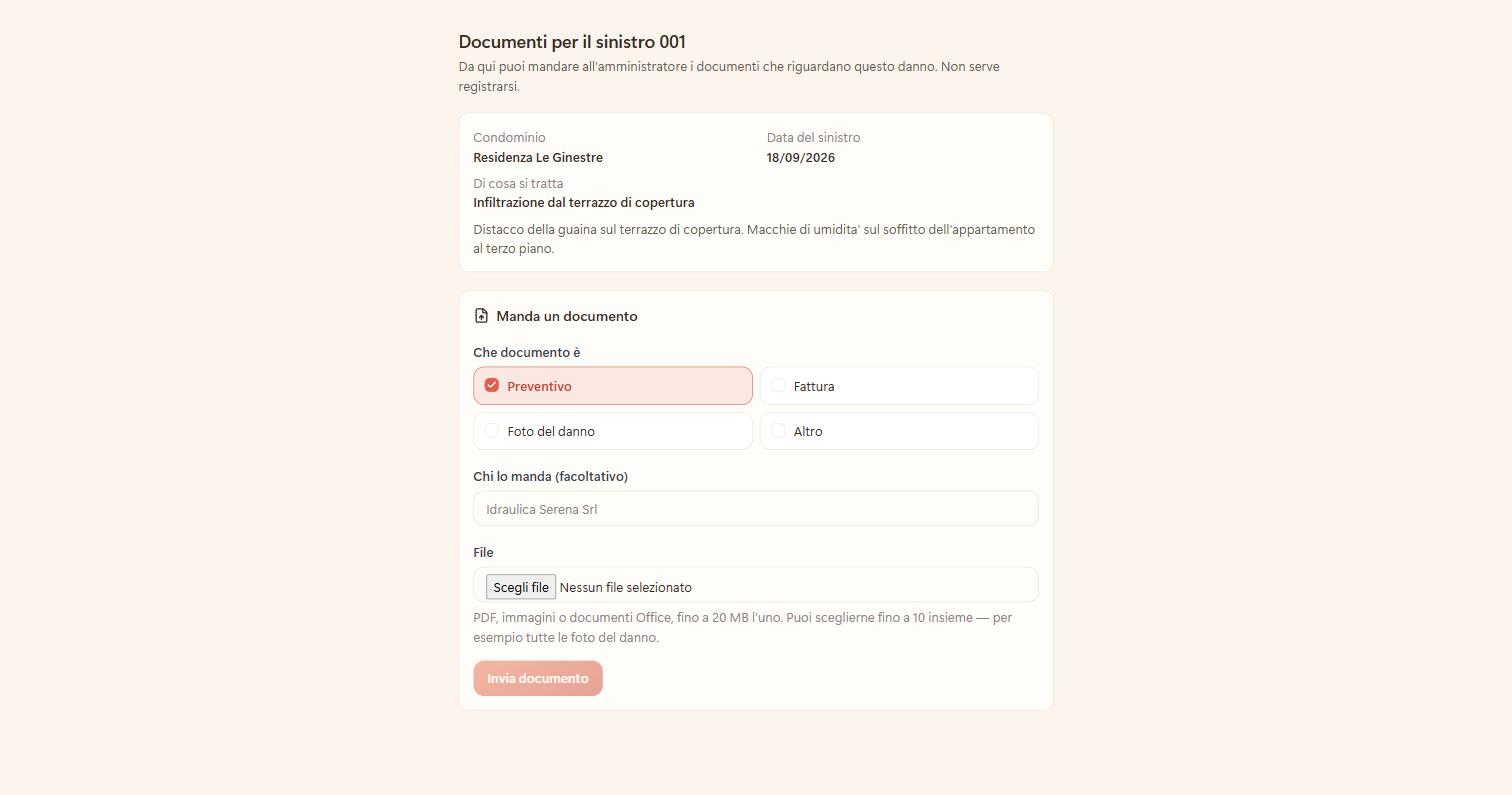 La pagina che vede la ditta incaricata: i dati del sinistro e il modulo per mandare preventivo, fattura o foto del danno