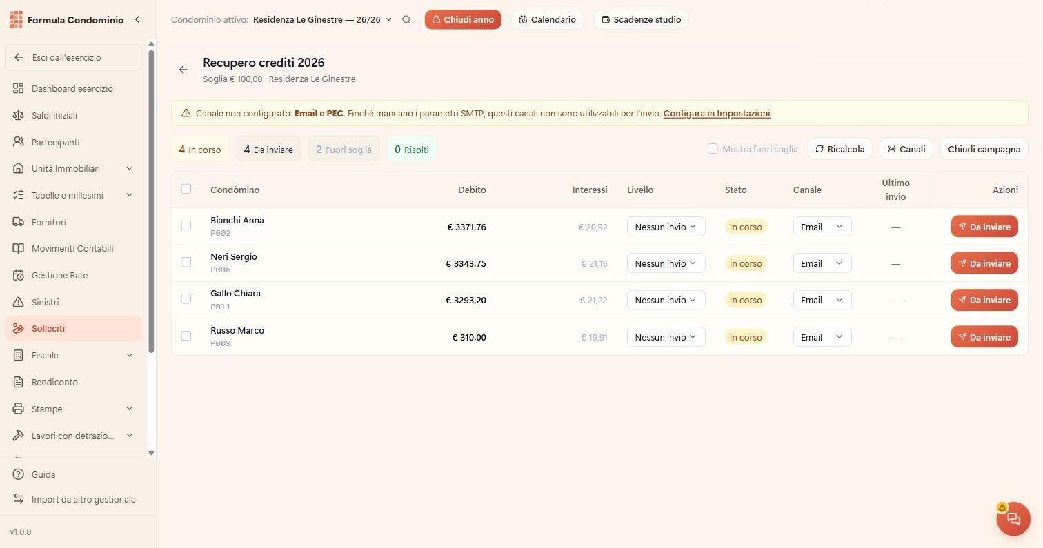 Prospetto di una campagna di recupero crediti: i condòmini indietro con le rate, il debito, gli interessi di mora e il canale di invio